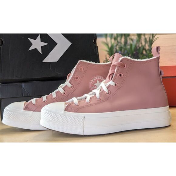 Converse CTAS Lift Platform Sherpa Lined Rust Pink Leather Hi Tops Size W9.5 NIB - Picture 3 of 12